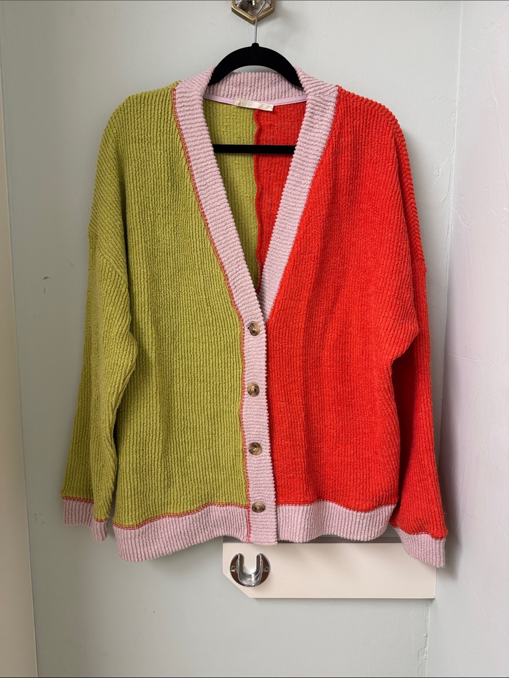 By Together Colorblock V-Neck Button Cardigan in Green, Red & Pink Trim